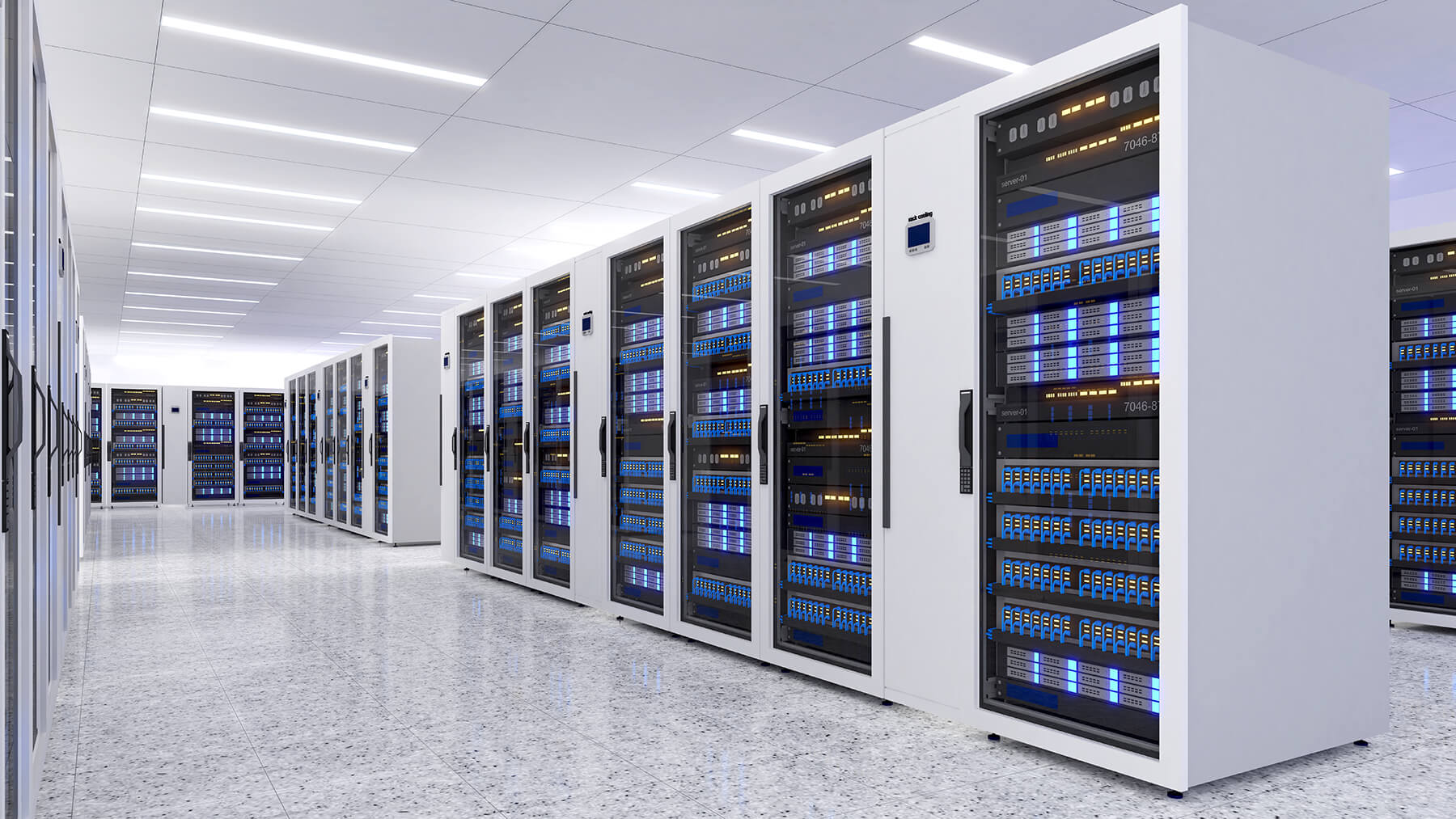 Interior of a modern, clean data center.