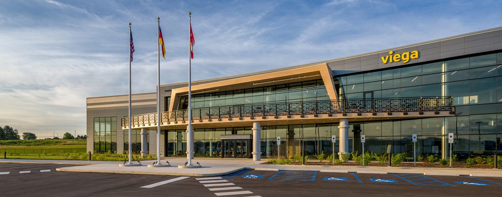 The exterior entrance of Viega's 180,000 sq ft manufacturing plant in Shalersville, Ohio