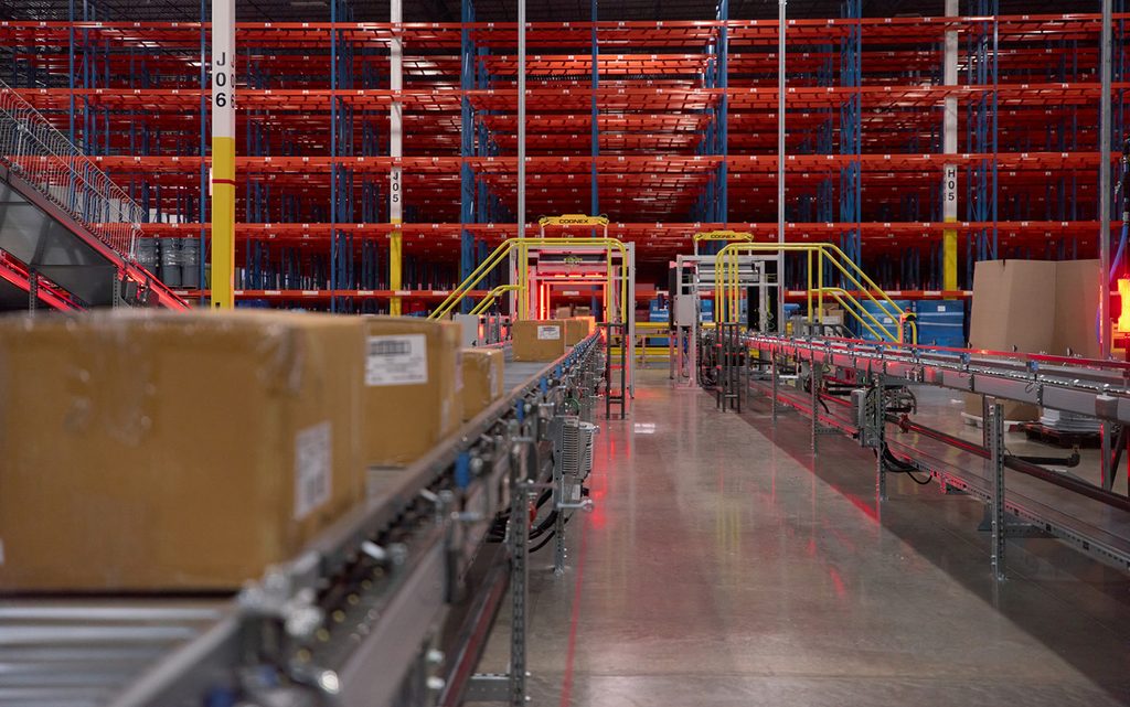 Packages move through a national retailer's automated warehouse.