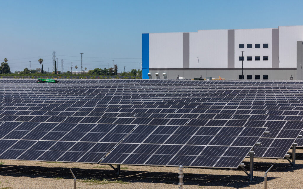 Solar panels help power a warehouse facility for a national retailer.