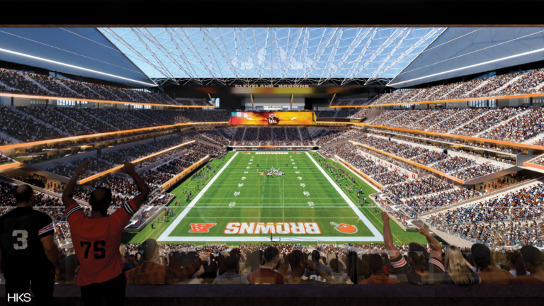 Render of the new Huntington Bank Field stadium, future home of the NFL’s Cleveland Browns. 